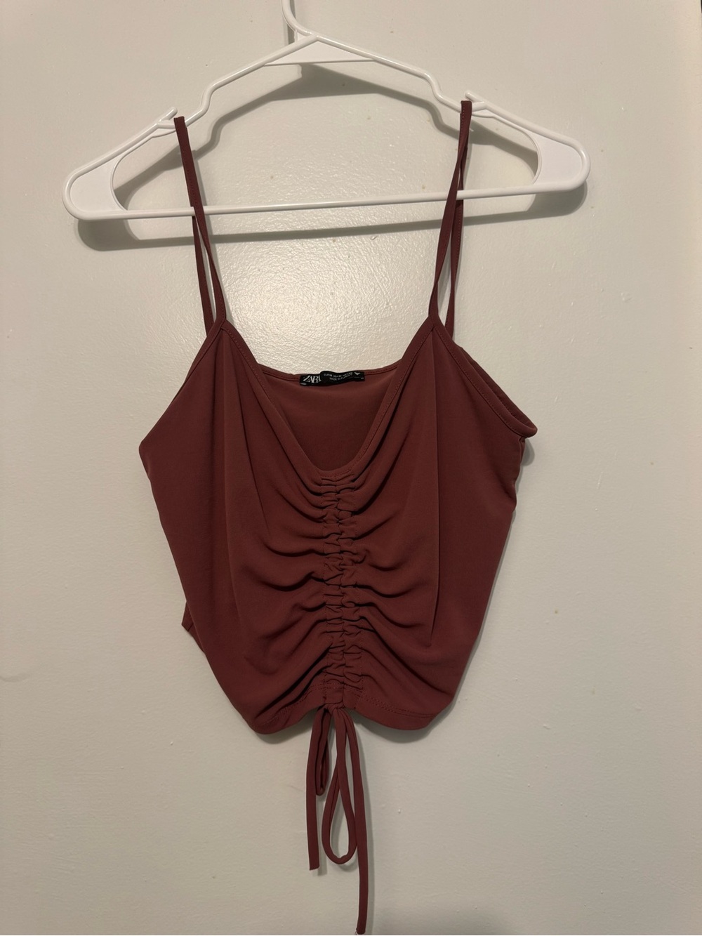 Zara Ruched Drawstring Spaghetti-Strap Cami in Rust